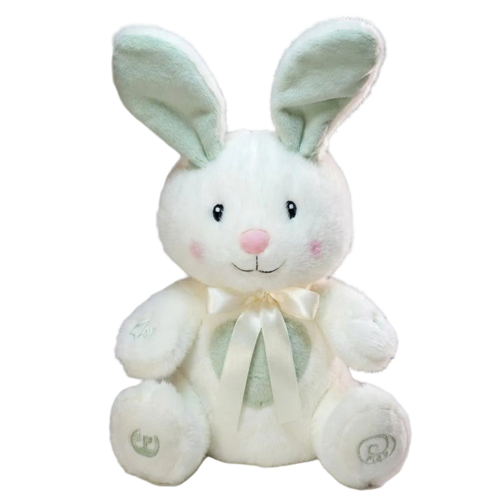 Plush bunny toy with a white bow 