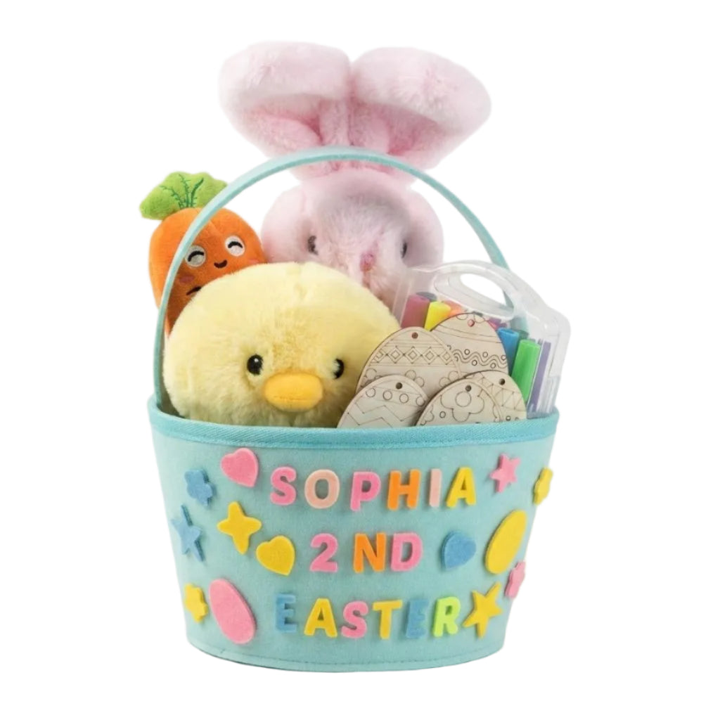 Children's Easter basket with plush toys, markers, eggs, velcro letters.